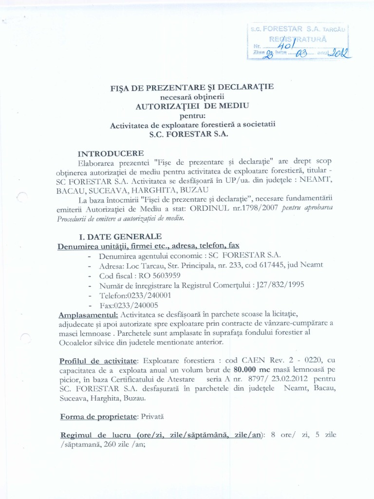 Fisa De Prezentare Si DeclaraÅ£ie Forestar Sa