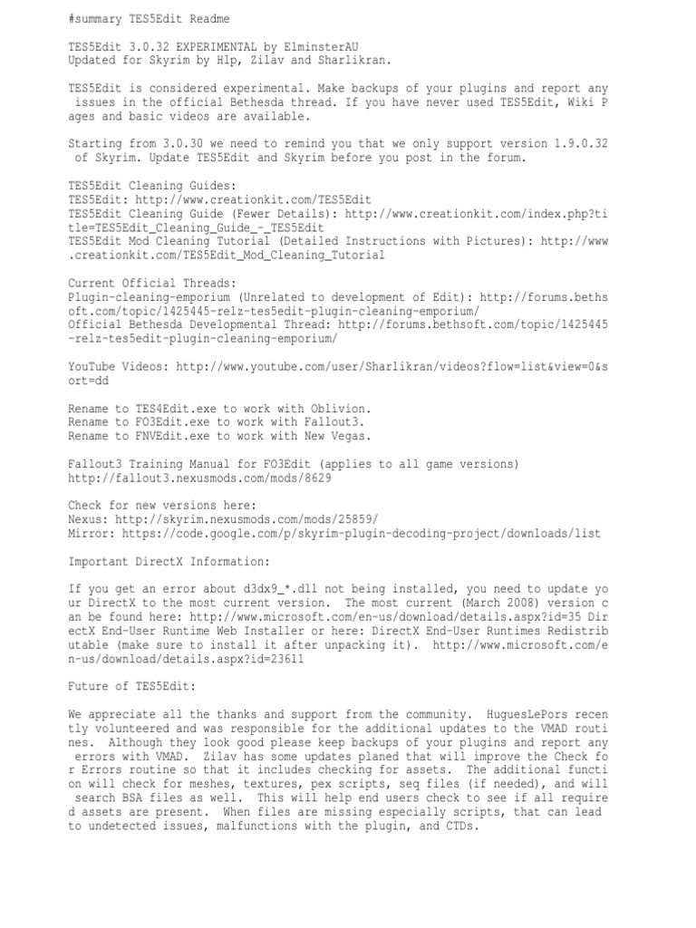 TES5Edit 3.0.32 Readme Guide | PDF | Color | Command Line Interface