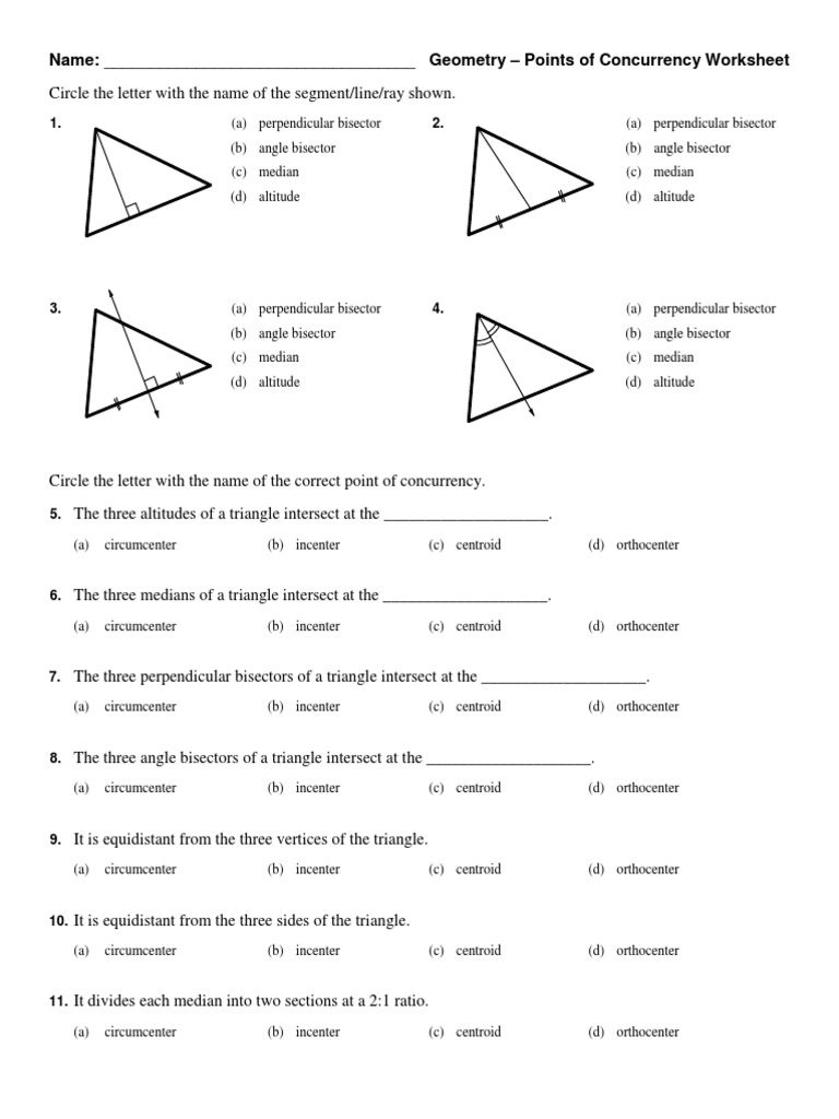 Worksheet Points of Concurrency | Euclid | Triangle