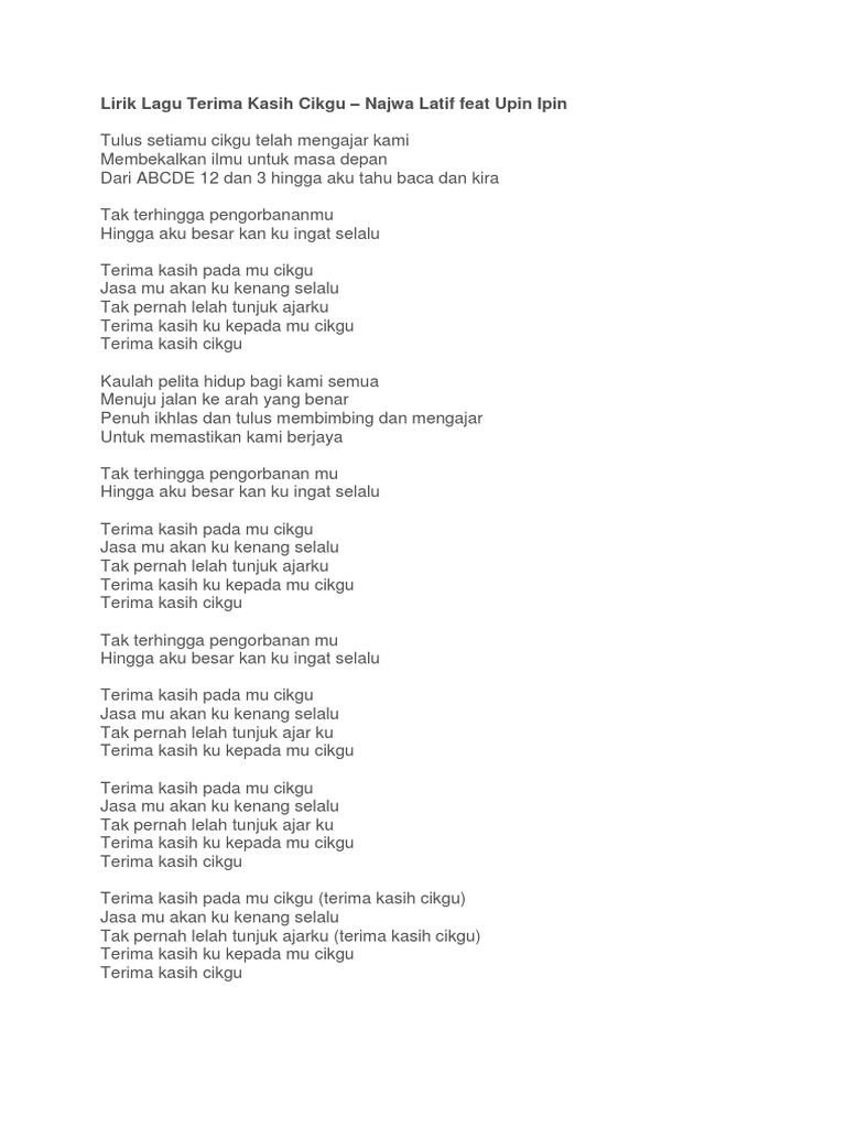 Lirik Lagu Terima Kasih Cikgu Pdf