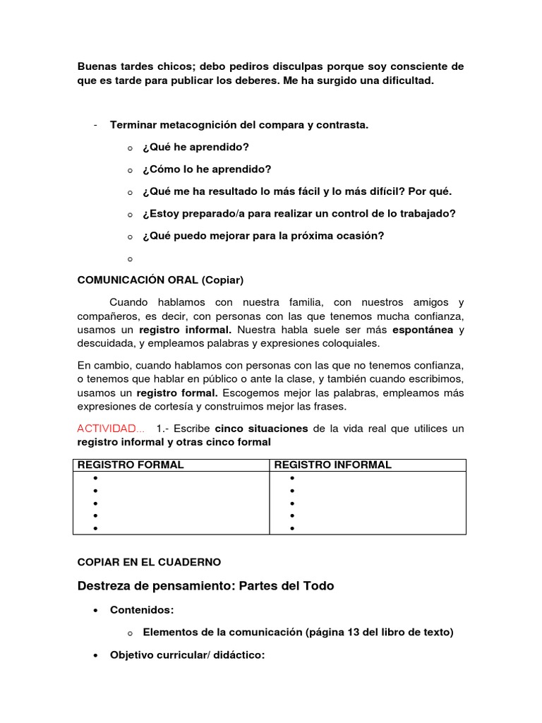 Fichas De Trabajo De Lenguaje Formal E Informal Guía Santillana.