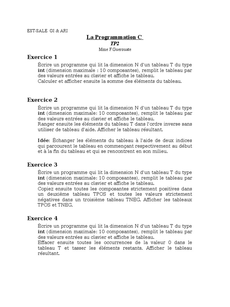 Tp2 Tableaux C Tableau Structure De Donnees Somme Arithmetique