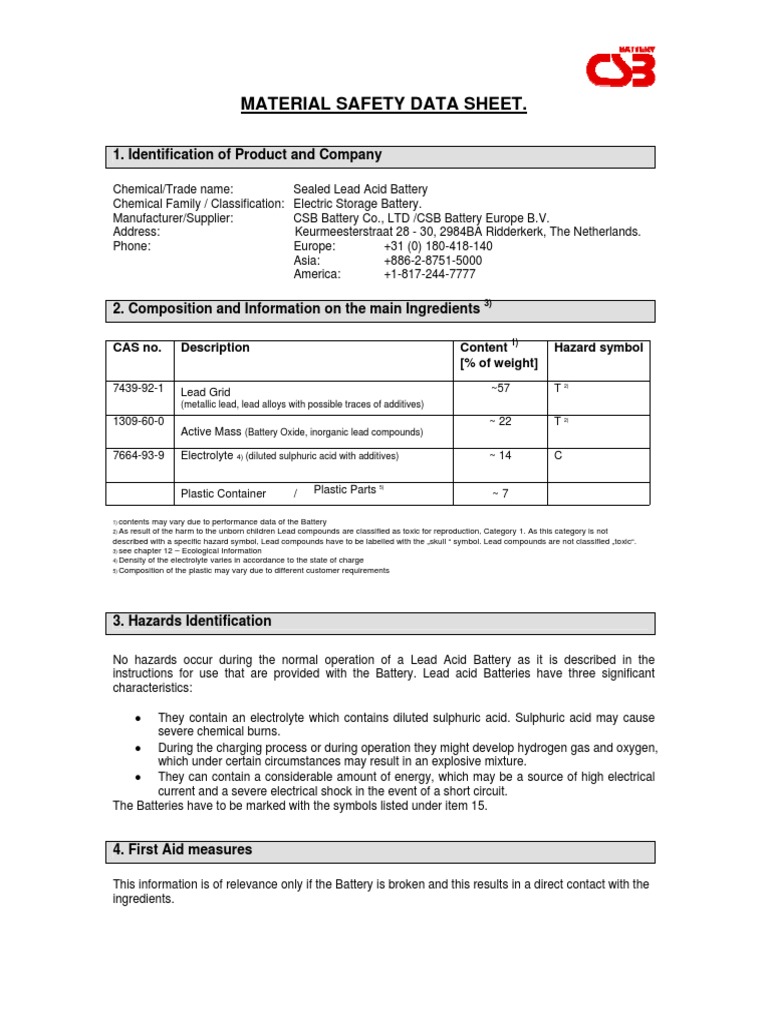 CSB Battery Safety Data Sheet | PDF | Lead | Sulfuric Acid