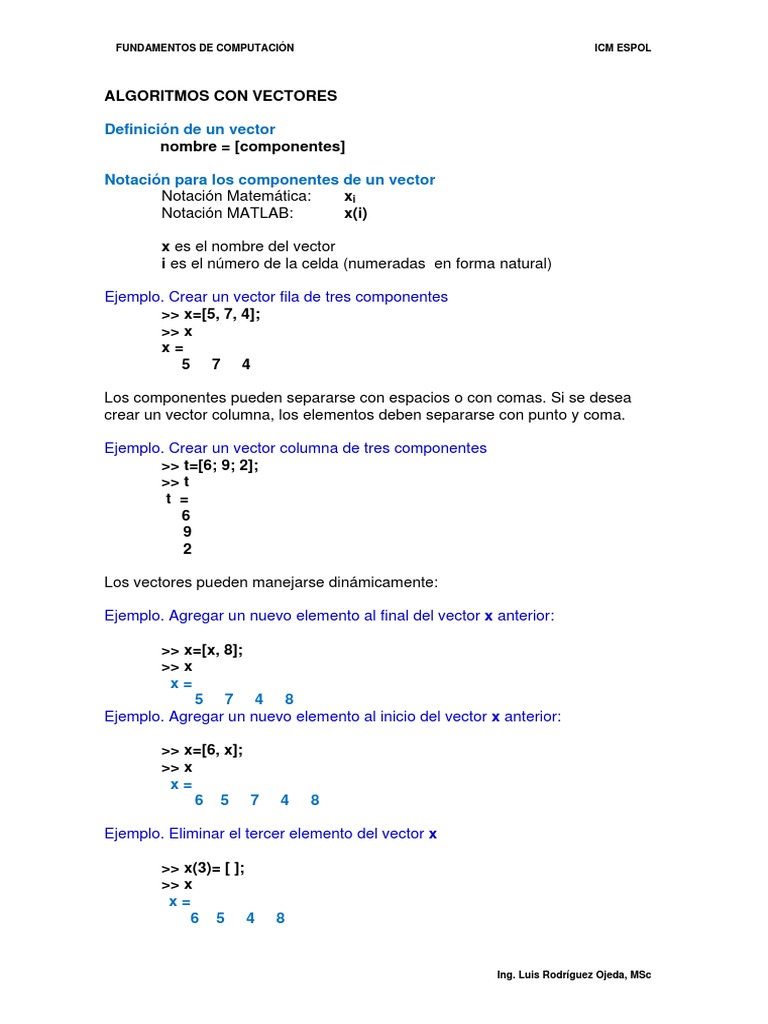 Algoritmos de Vectores en MATLAB | PDF | Vector Euclidiano | Algoritmos