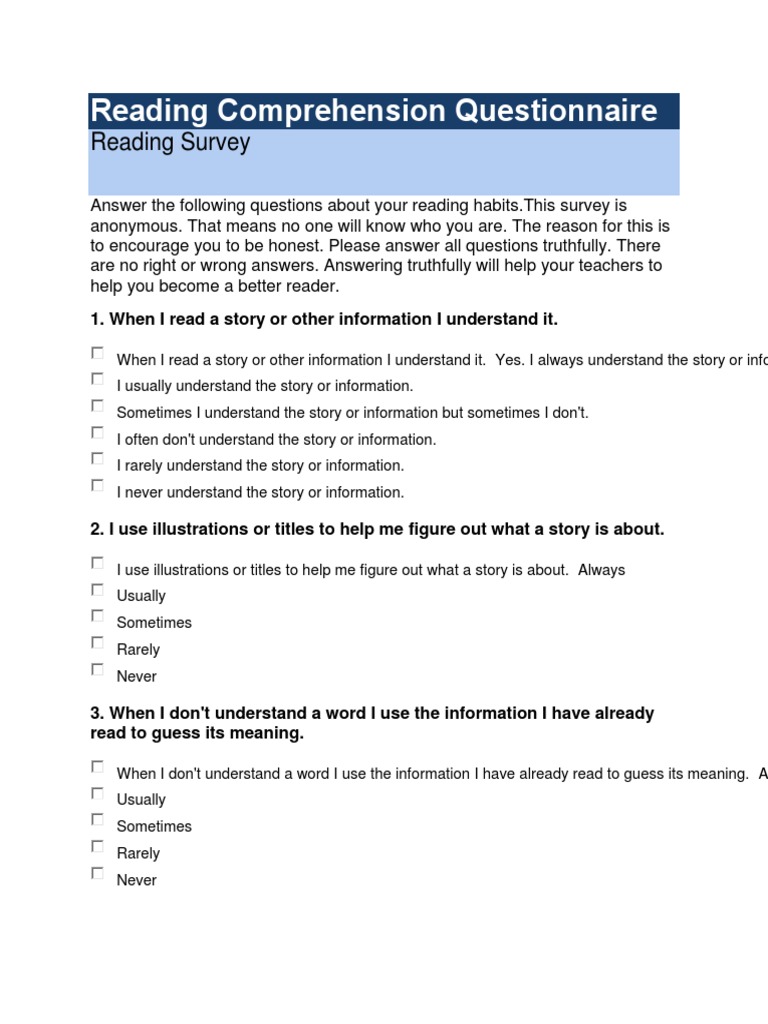 thesis reading comprehension questionnaire