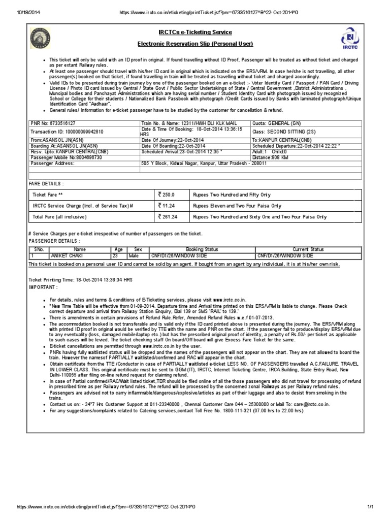 IRCTC e-Ticket Confirmation Details | PDF | Identity Document | Ticket ...