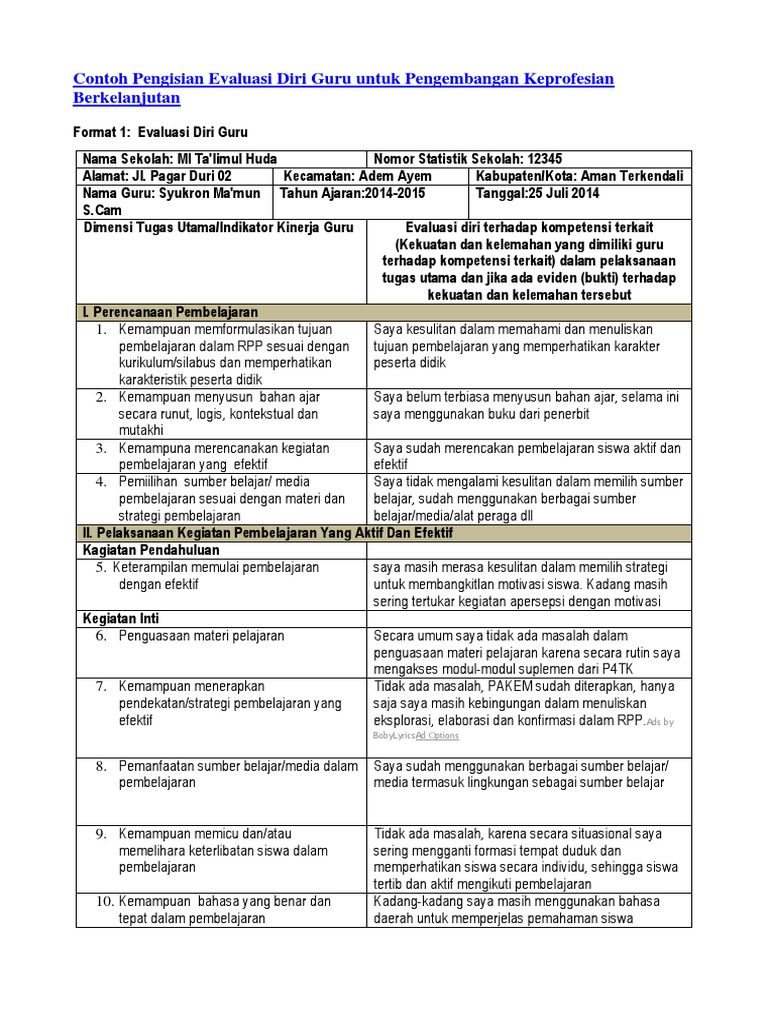 Contoh Format Laporan Evaluasi Dan Refleksi Diri Guru