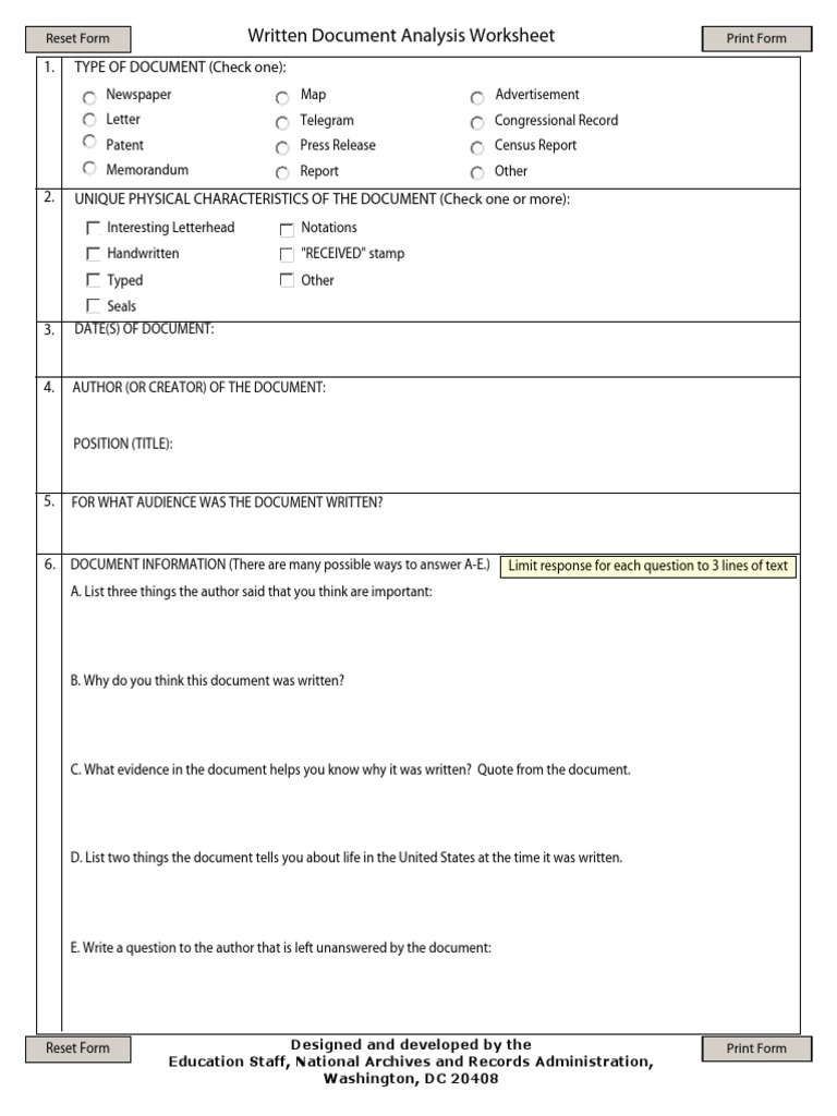 Written Document Analysis Worksheet  PDF For Written Document Analysis Worksheet Answers
