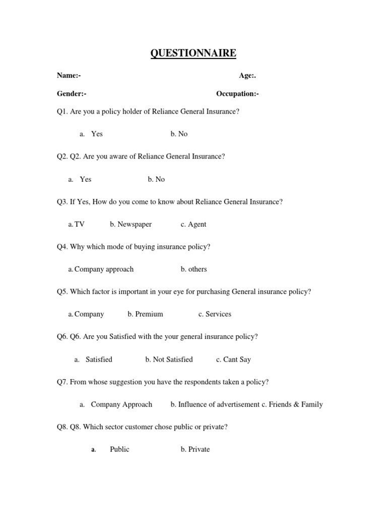 Insurance Policyholder Questionnaire | PDF