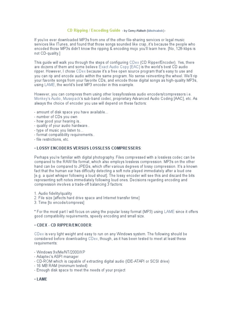 Cdex Exact Audio Copy (Eac) Cdex: CD Ripping / Encoding Guide | PDF ...