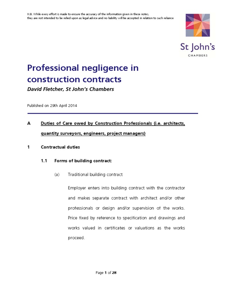 Professional Negligence In Construction Contracts Tort Duty Of Care