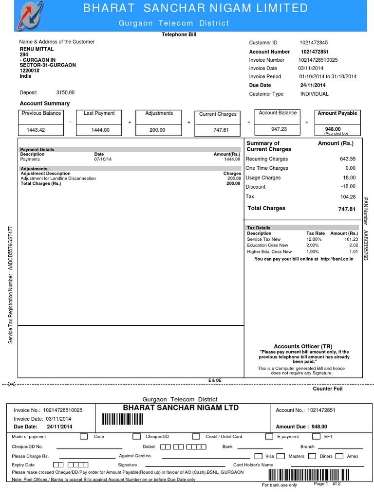 bsnl-broadband-bill-invoice-cheque