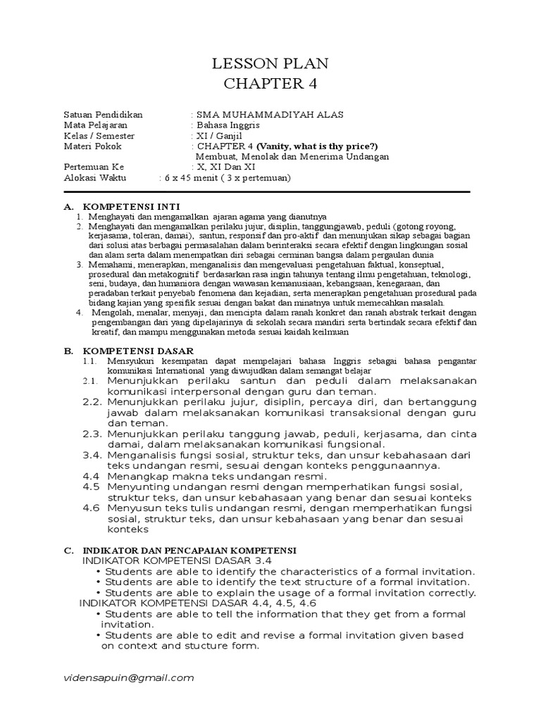 RPP Bahasa Inggris Chapter 4 kelas XI