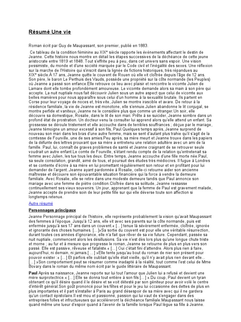 Une Vie De Maupassant Résumé Par Chapitre