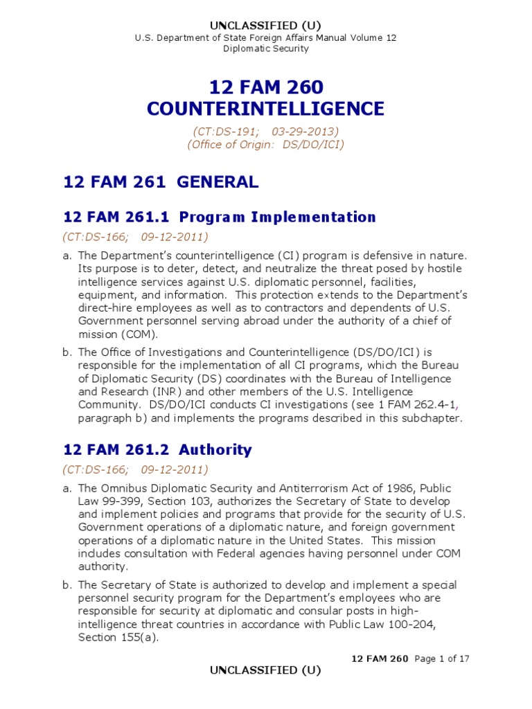 State Department Counter Intelligence Guideline Counterintelligence