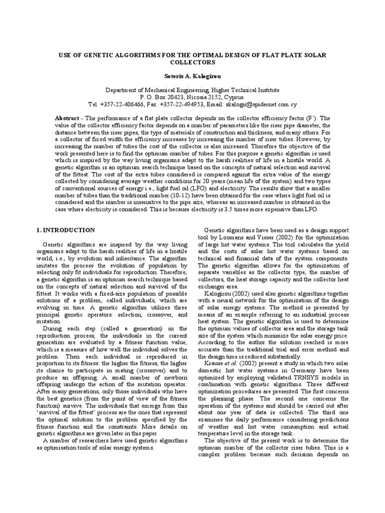 Use of Genetic Algorithms For The Optimal Design of Flat Plate Solar | PDF