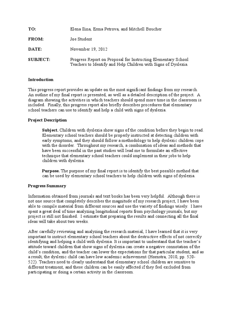 Sample 1 Progress Report B ENG1112 | Dyslexia | Teachers