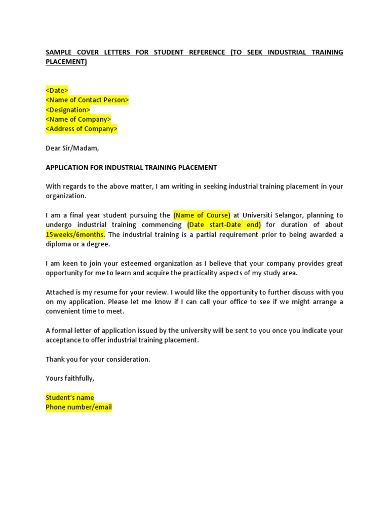 an application letter for industrial training