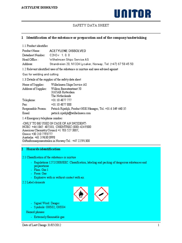 Acetylene Safety Data Sheet Summary | PDF | Dangerous Goods | Toxicity