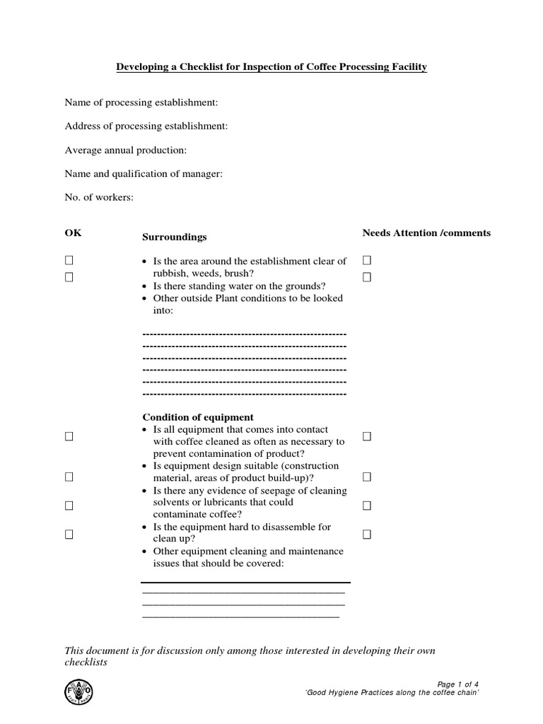 Coffee Processing Facility Inspection Checklist | PDF | Hygiene | Coffee