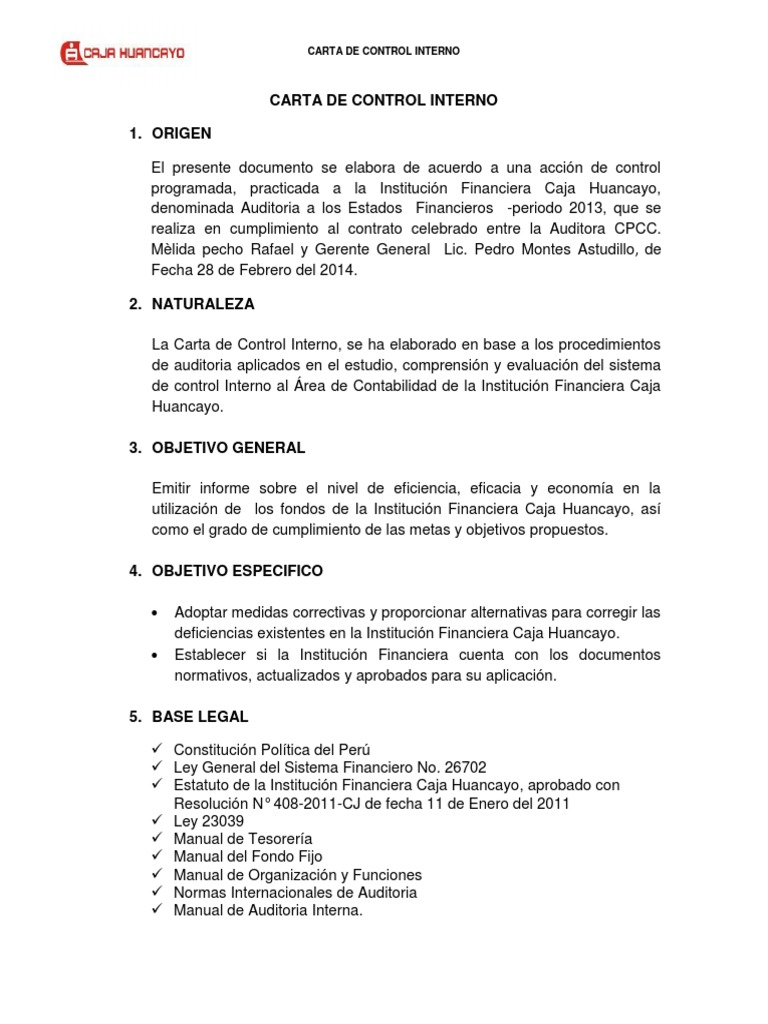CARTA DE CONTROL INTERNO (Final)  Contabilidad  Institución