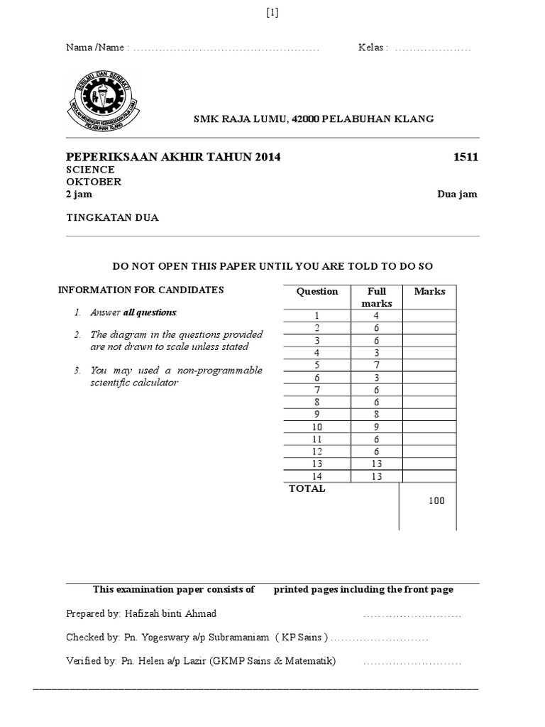 peperiksaan akhir tahun sains tingkatan 2