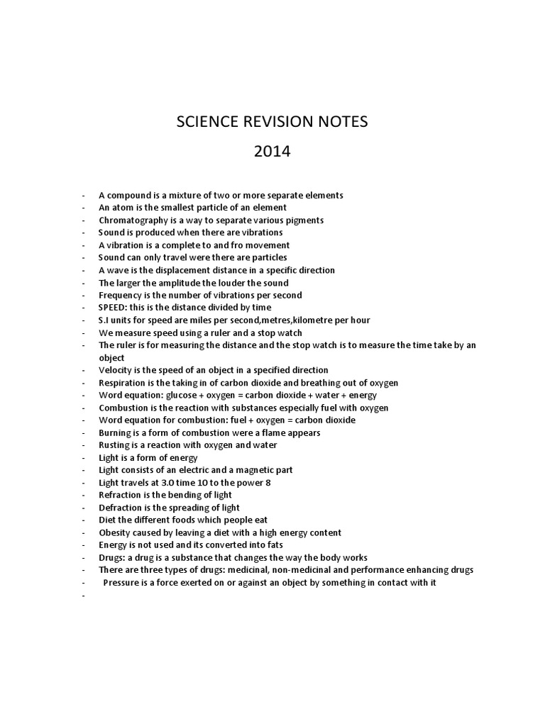 Science Revision Notes 2014 | PDF | Wellness
