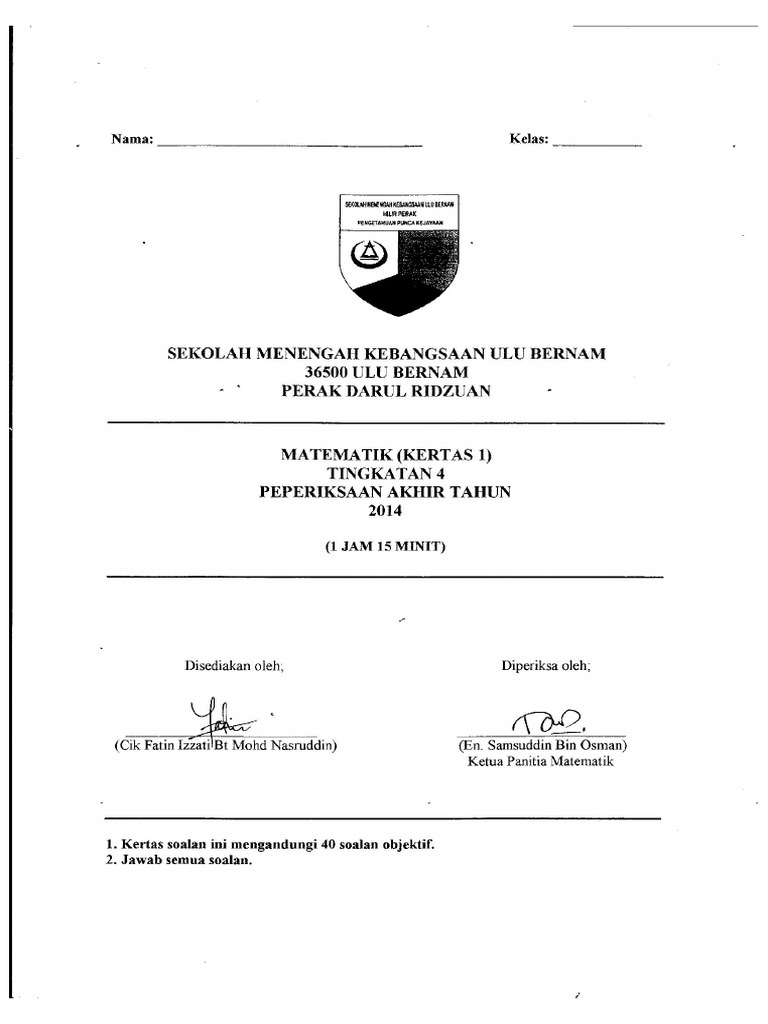 Peperiksaan Akhir Tahun Matematik Tingkatan 4 Pdf