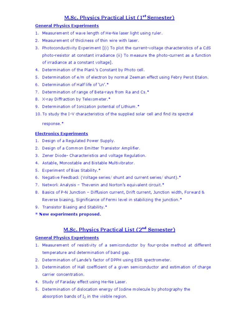 M.Sc. Physics Practical Experiments List | PDF | P–N Junction | Transistor