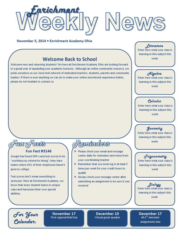 Enrichment Academy Weekly Update | PDF | Wellness