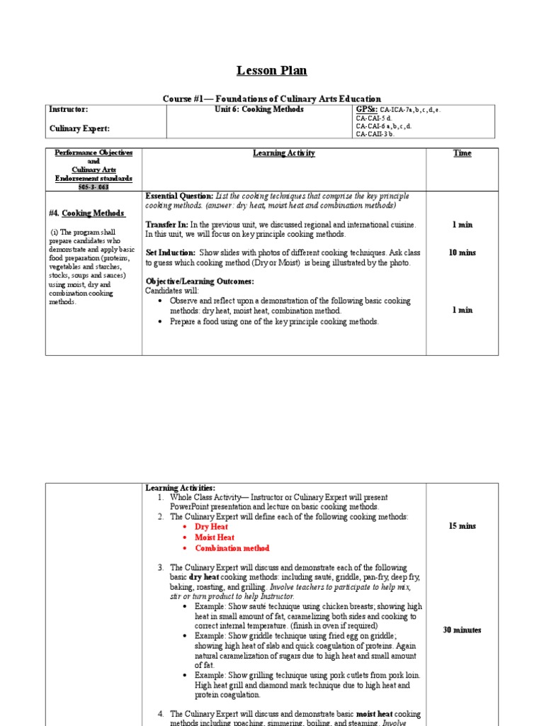 Lesson Plan CookingMethods Grilling Cooking