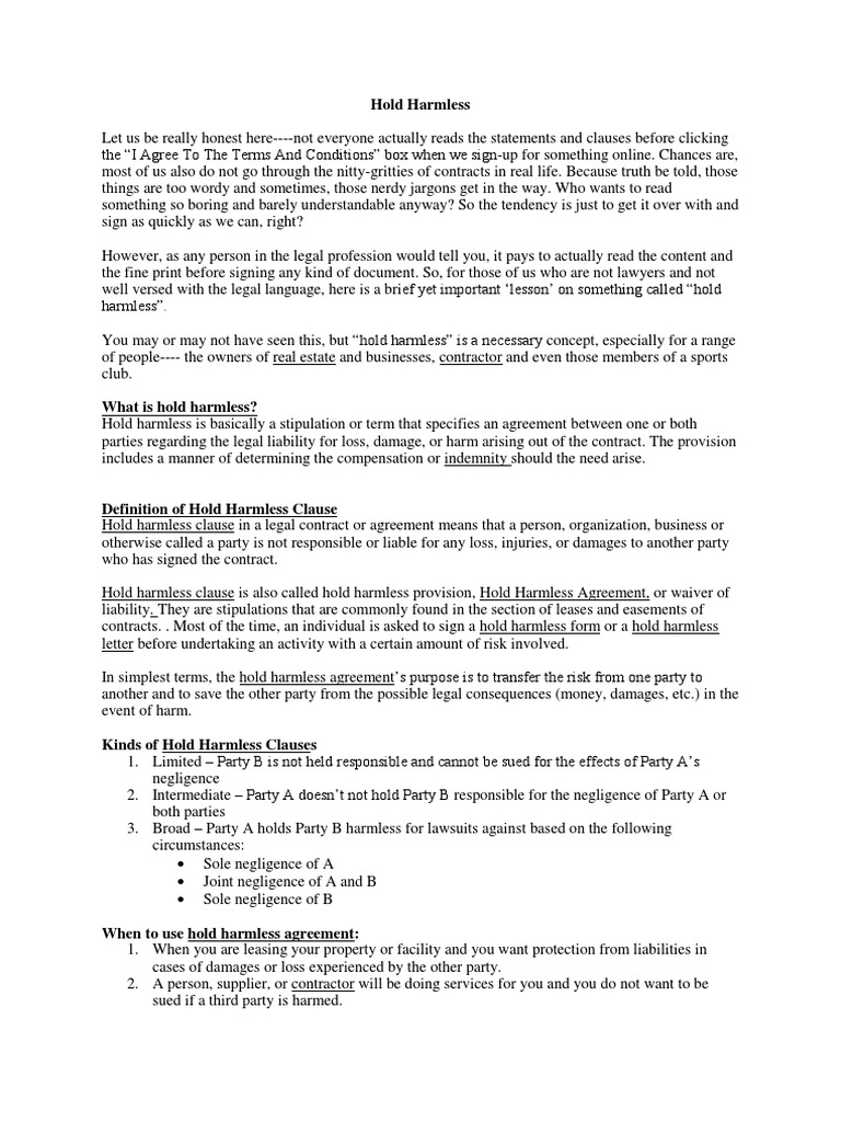 Definition of Hold Harmless Clause Indemnity Negligence