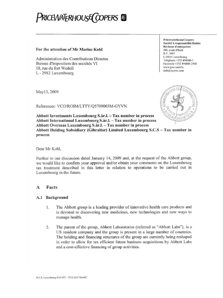 Accord Tax Ruling Entre Abbott Laboratories Et Le Luxembourg 2009 Corporate Tax Capital Gains Tax