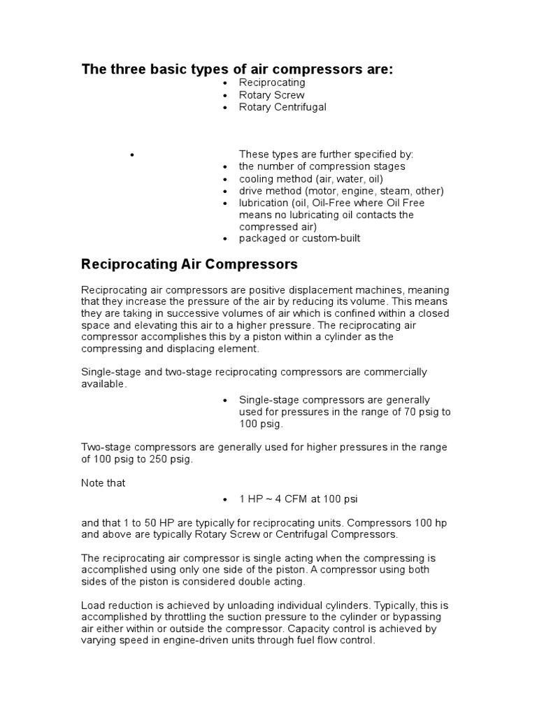 Basic Types of Air Compressors PDF Gas Compressor Engines