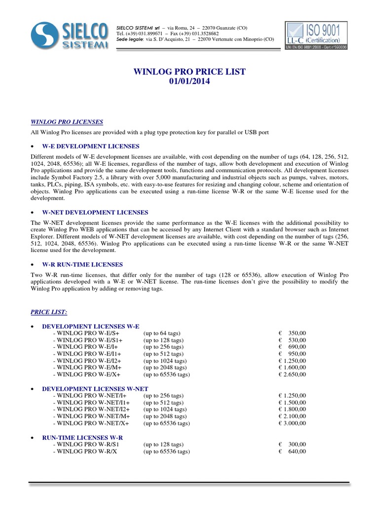 Price List Winlog PRO 2014 - 1 | PDF | Computers