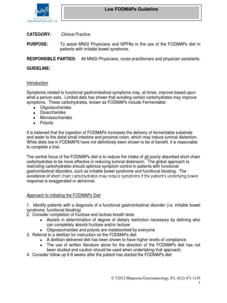 Low FODMAPs Guideline 7.2012 PDF Foods Food And Drink