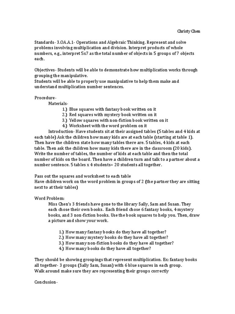 Multiplication Lesson Plan for Kids | PDF | Cognition | Cognitive Science