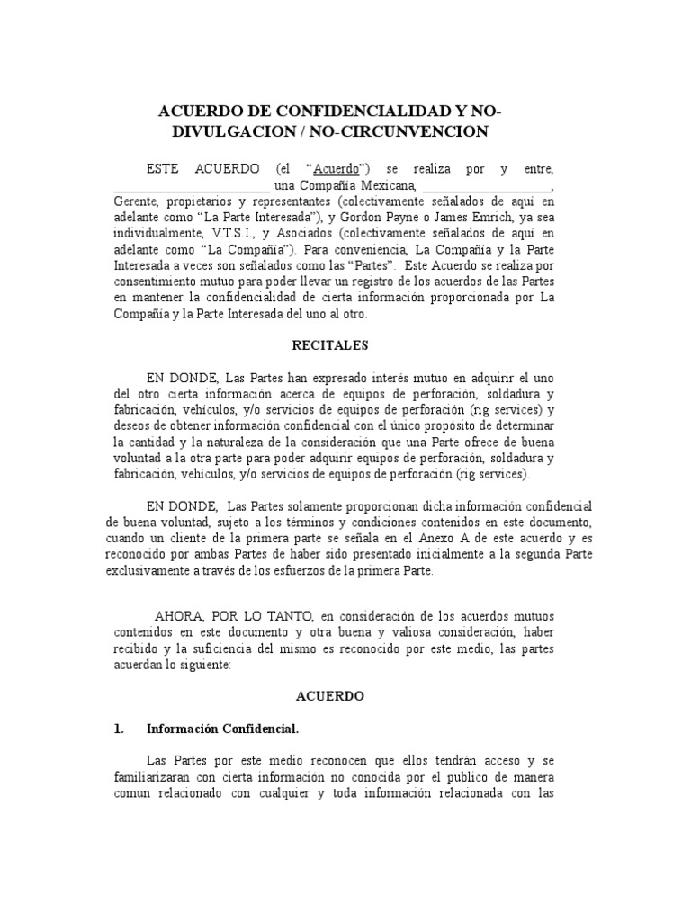 Acuerdo de Confidencialidad y No Información Propiedad