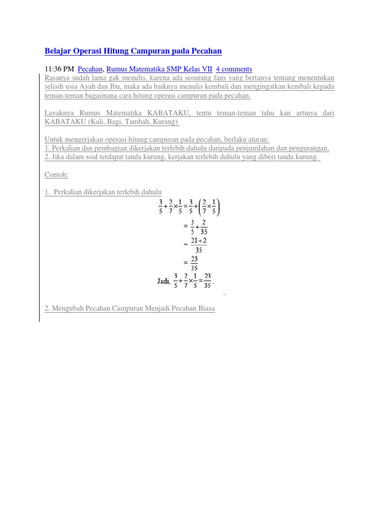 Belajar Operasi Hitung Campuran Pada Pecahan