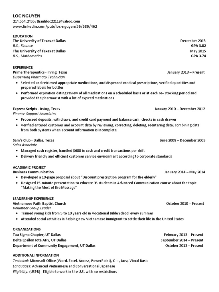 Loc Nguyens Utd Resume Bcom 4350 | PDF | University Of Texas At Dallas ...