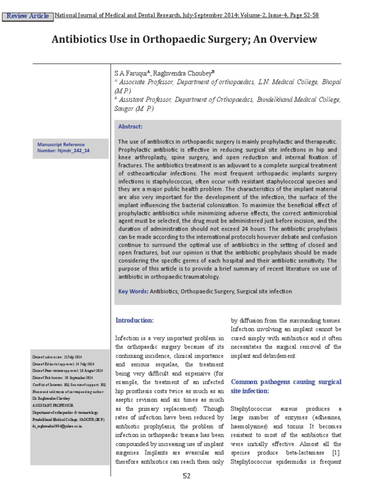 Antibiotics Use in Orthopaedic Surgery; An Overview Antibiotics