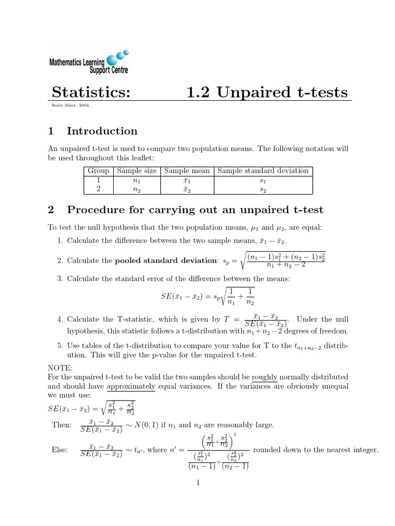Unpaired ttests.pdf Student's T Test Evaluation Methods