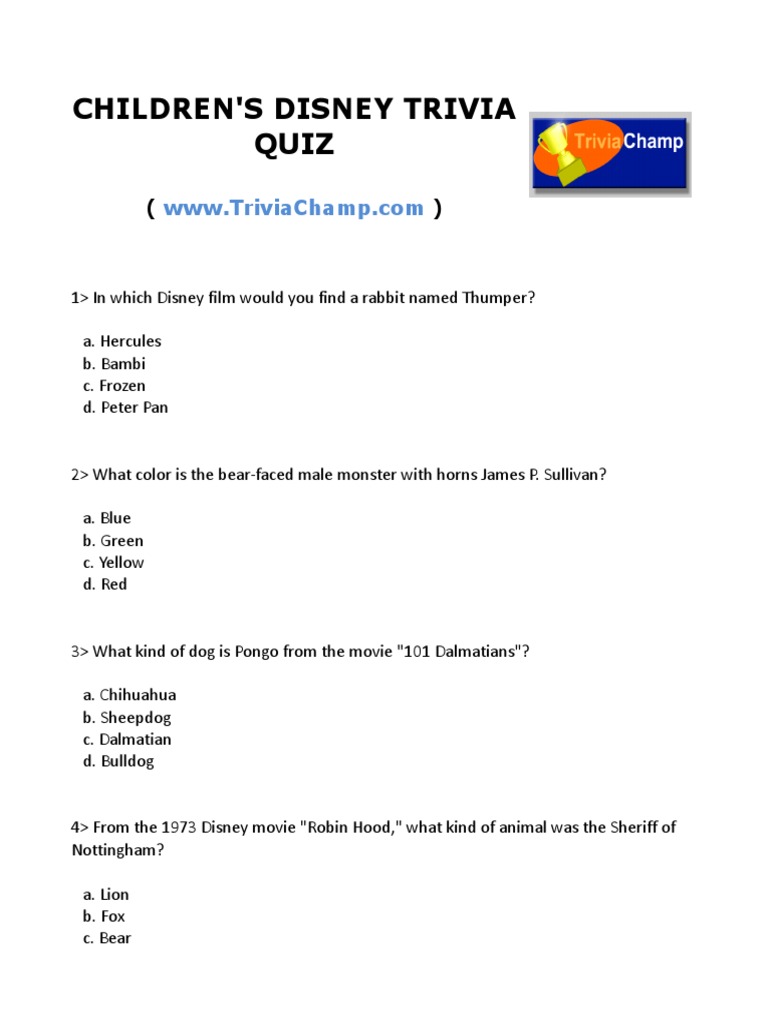 Quiz Sur Les Films Disney Childrens Disney Trivia Quiz | PDF | The Walt Disney Company | Animated  Films