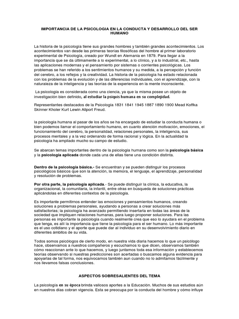 Importancia de la Psicología en el Ser Humano | PDF | Mente | Sicología