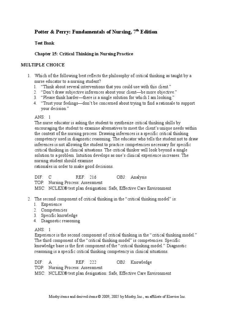 nursing process and critical thinking test questions