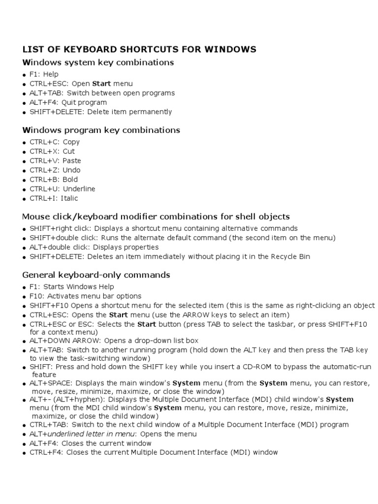 List of Keyboard Shortcuts | PDF | Keyboard Shortcut | Computer Keyboard