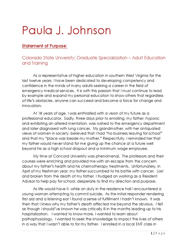 Statement of Purpose Emergency Medical Services Paramedic