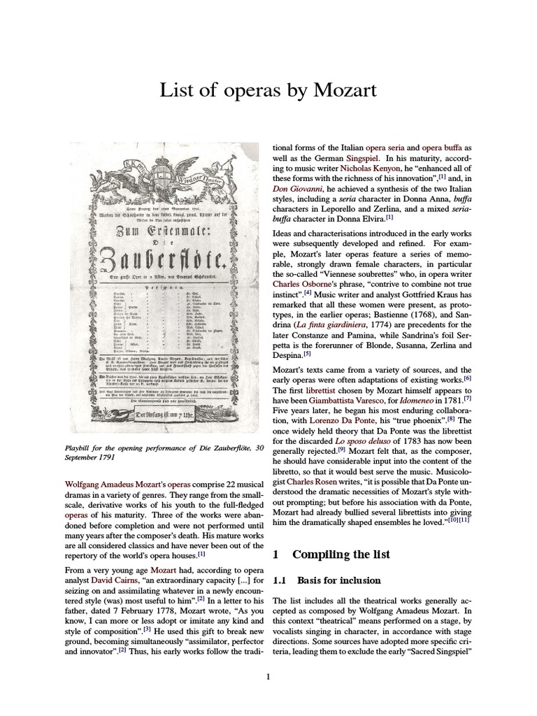 List of Operas by Mozart Wolfgang Amadeus Mozart Opera