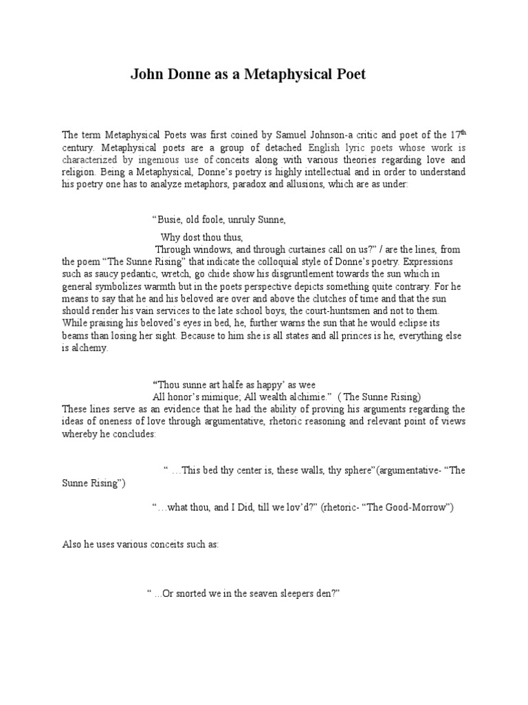 John Donne As A Metaphysical Poet English Lyric Poets Whose Work Is