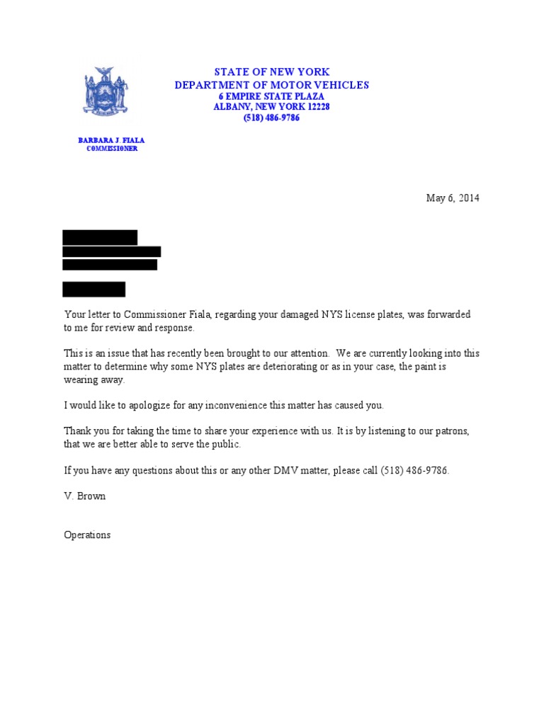 NYS DMV Response to License Plate Issues | PDF | Law